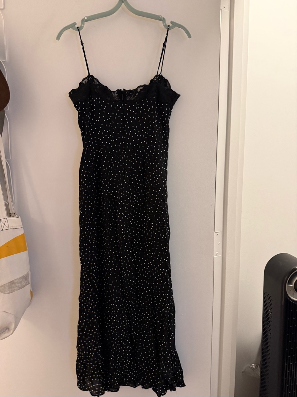 Reformation Black Polka Dot Maxi Slip Dress with Lace Trim